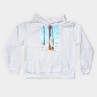 Surf Board Leaning Against Coconut Tree Kids Hoodie